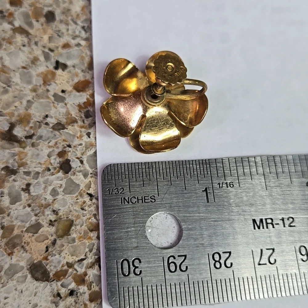 Coro Gold Tone 3D Flower Earrings with Green Stone